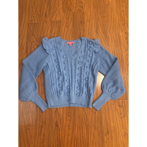 Lilly Pulitzer Sweaters - Lilly Pulitzer Greta Blue Pom-Pom V-Neck Knit Sweater Womens Medium